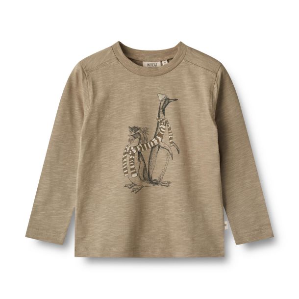 Wheat - langrmet t-shirt Penguin Friends, beige stone