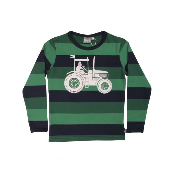 Danef - Organic - grnstribet shirt med en flot traktor og viking Erik